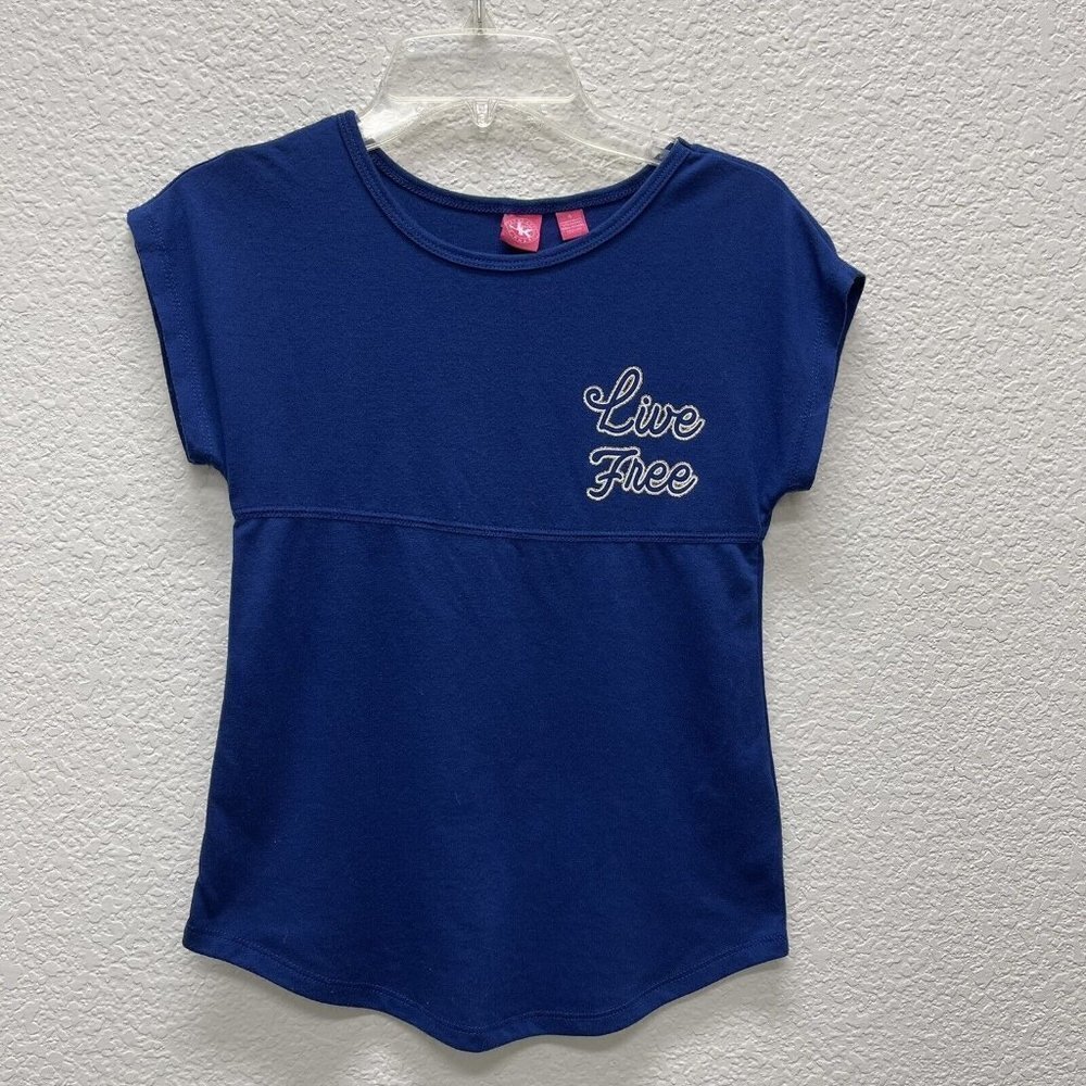 JK Girls Blue Shirt Seahorses Sz SMALL Patriotic USA July 4th